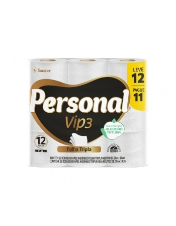 PAPEL HIGIENICO PERSONAL VIP FOLHA TRIPLA NEUTRO (20M) (L12P11) C/12 ROLOS