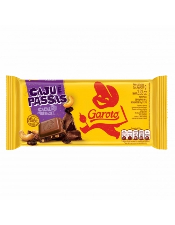 BARRA DE CHOCOLATE GAROTO CAJU E PASSAS 16X80G