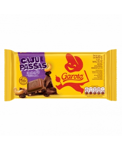 BARRA DE CHOCOLATE GAROTO CAJU E PASSAS 16X80G