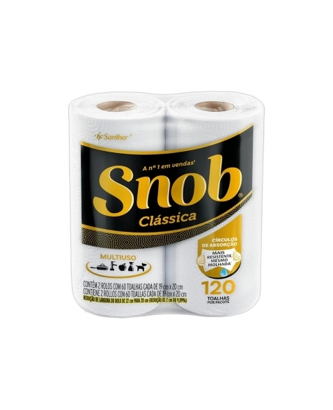 TOALHA DE PAPEL FOLHA DUPLA SNOB 120 FOLHAS C/2 ROLOS